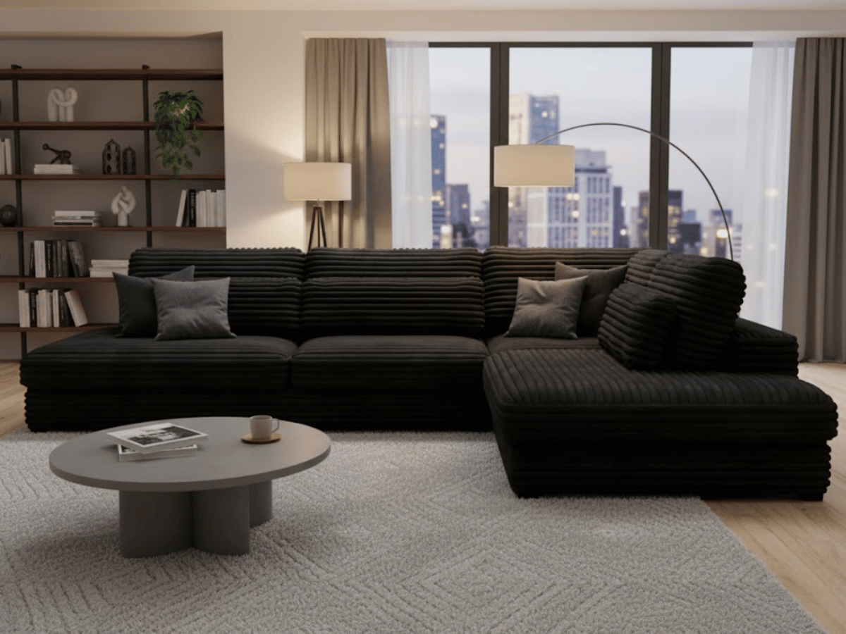 Canapé d'angle velours côtelé grand épaisseur noir VENDOME