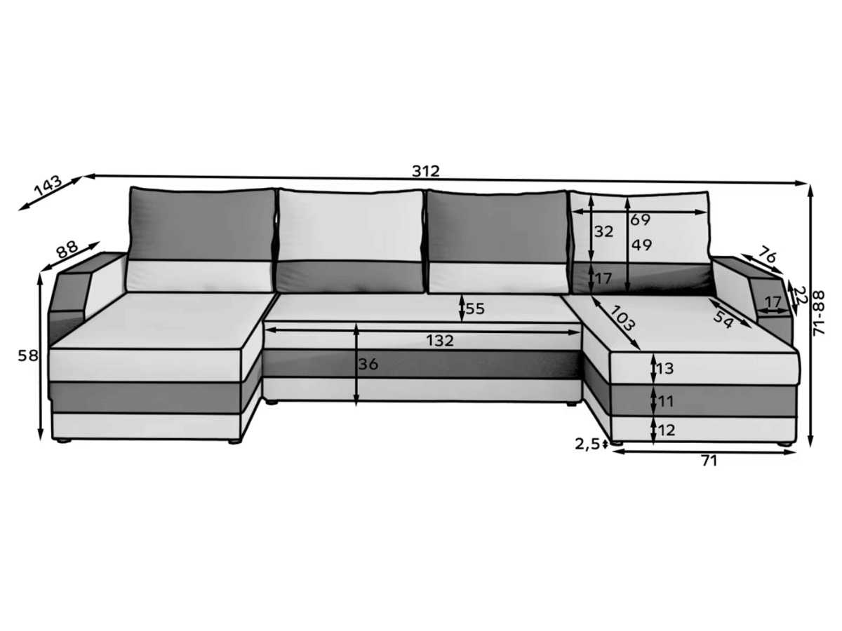 Canapé panoramique en U convertible VILLIERS 312 cm – Velours côtelé épais – Coffre de rangement