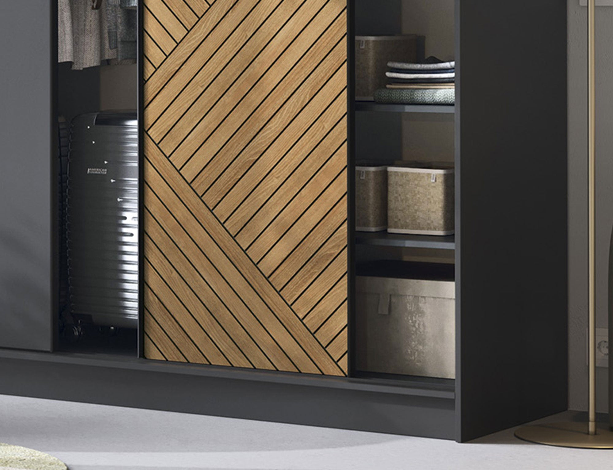 Armoire Dressing Coulissante 120 & 180 cm – Noir & Chêne Caramel – Miroir en option – CARVANO