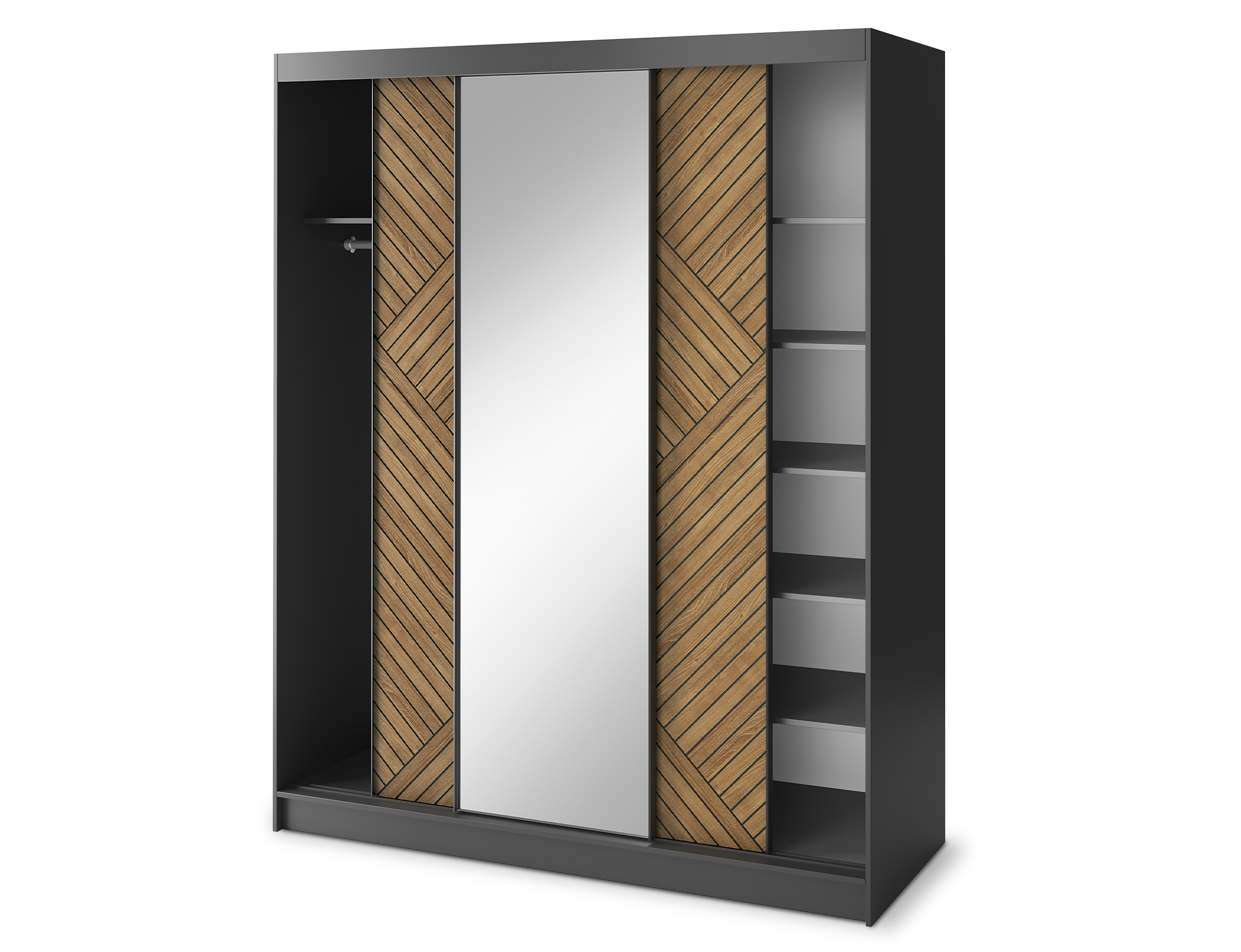 Armoire Dressing Coulissante 120 & 180 cm – Noir & Chêne Caramel – Miroir en option – CARVANO