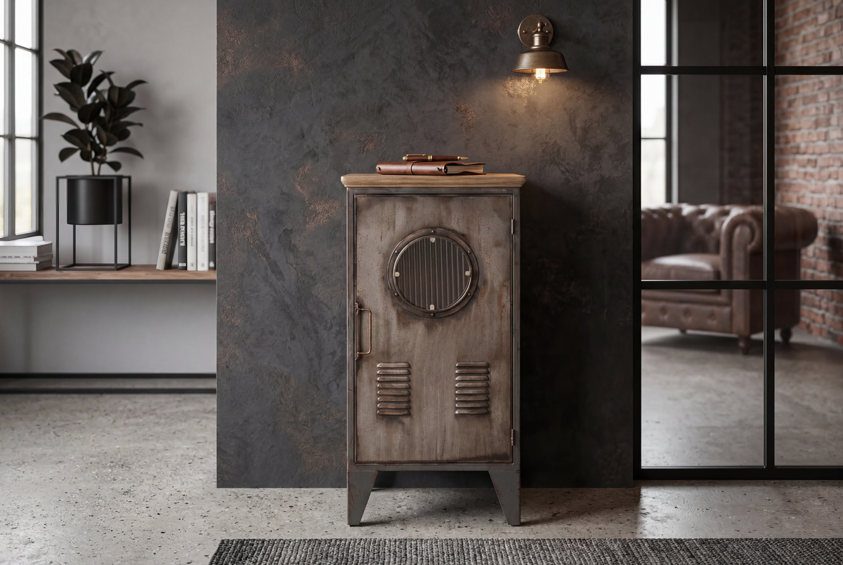 Armoire industrielle NAUTILUS 85cm casier vintage en bois massif métal gris naturel
