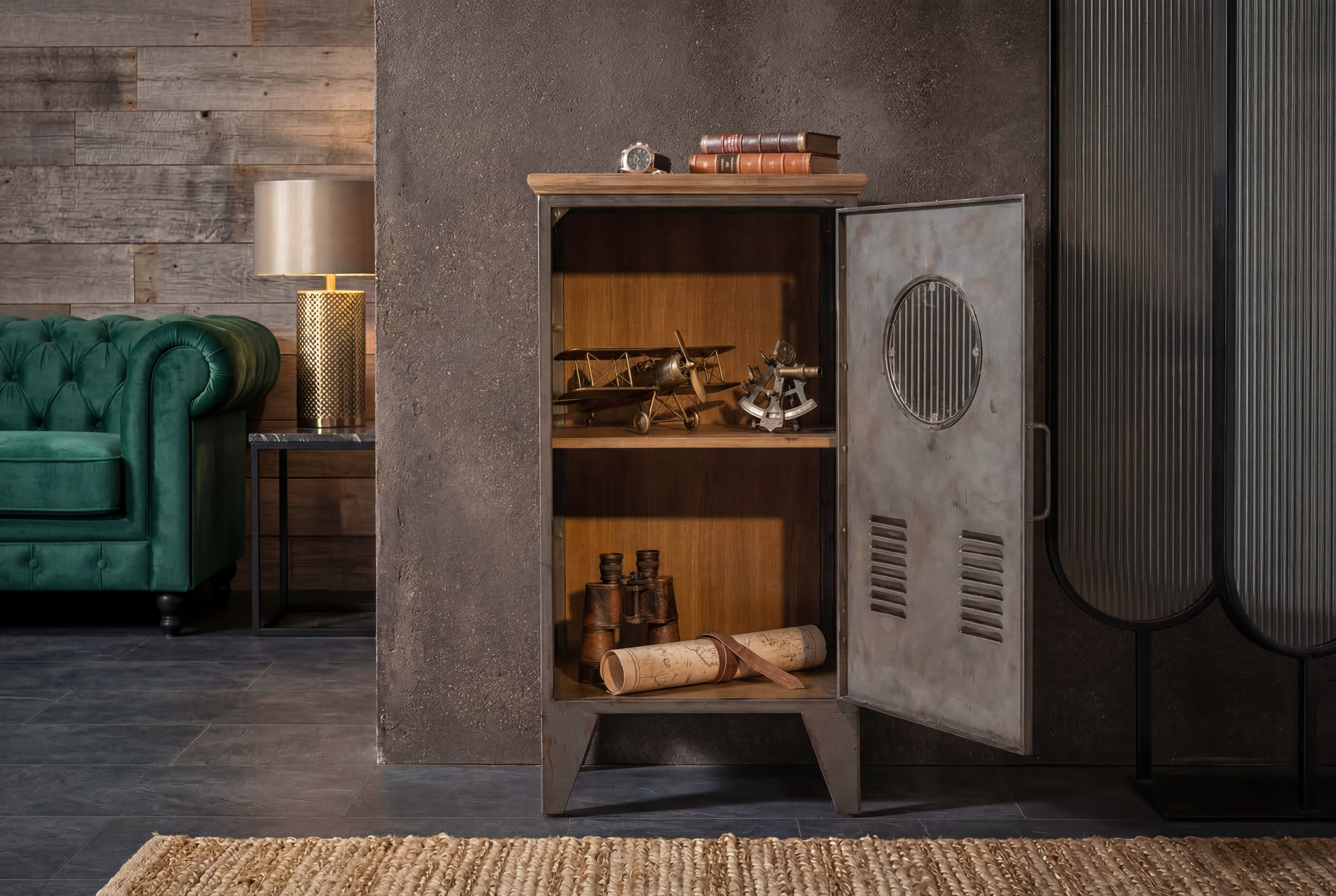 Armoire industrielle NAUTILUS 85cm casier vintage en bois massif métal gris naturel