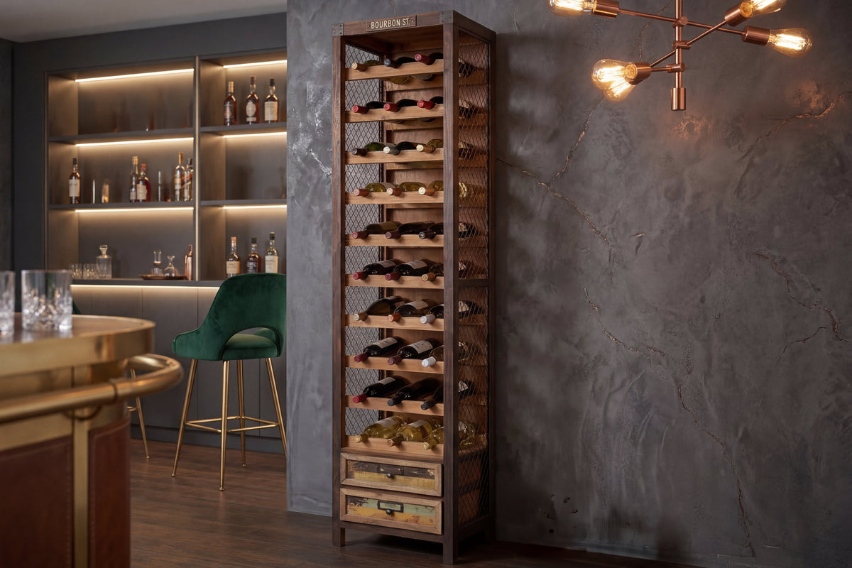 Authentique casier à vin BODEGA 190cm casier à bouteilles en bois de pin naturel tiroirs