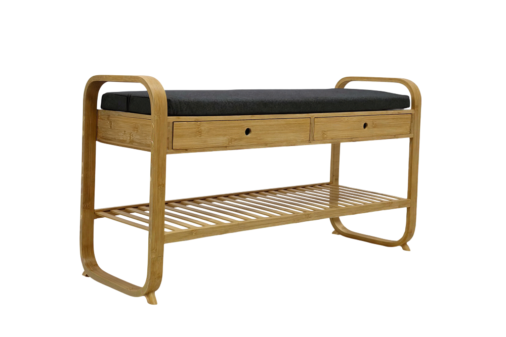 Banc à chaussures élégant ZEN-BO 100 cm banc étagère en bambou gris naturel avec tiroirs