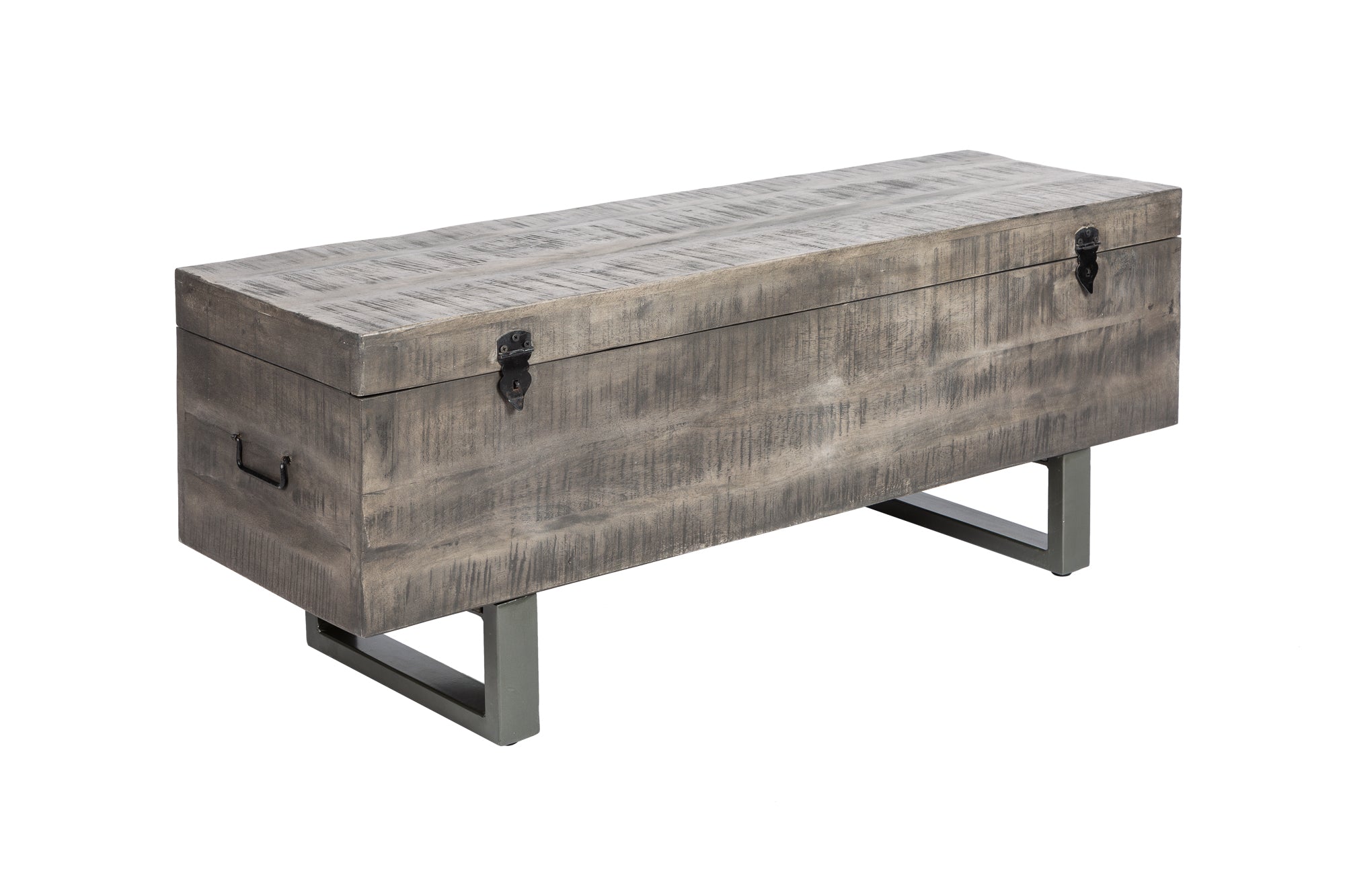 Banc coffre industriel FACTORY LOFT 115cm banc gris bois de manguier