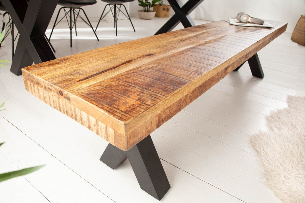 Banc industriel IRON CRAFT 200cm bois de mangue avec pieds en X