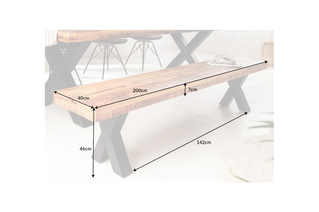 Banc industriel IRON CRAFT 200cm bois de mangue avec pieds en X