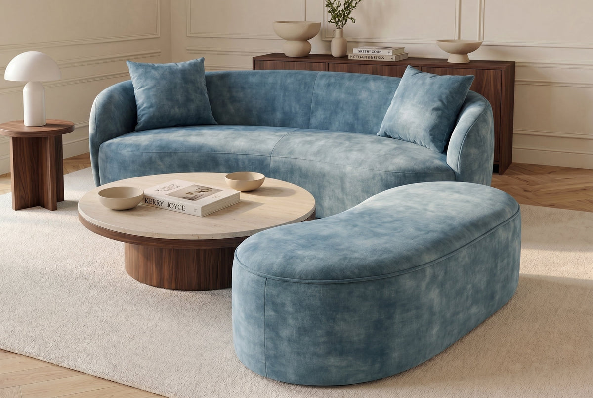 Banc rembourré extravagant ELEMENTAL 120cm velours pétrole avec rangement forme organique