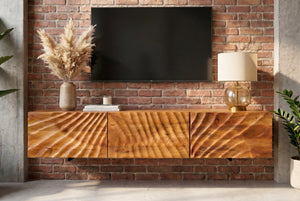 Banc TV en bois massif SCORPION 160cm meuble bas mural en manguier marron