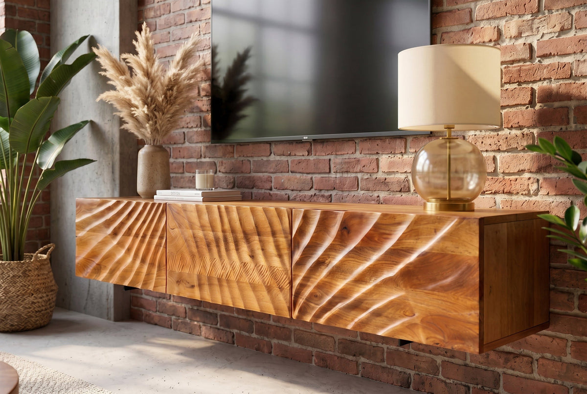 Banc TV en bois massif SCORPION 160cm meuble bas mural en manguier marron