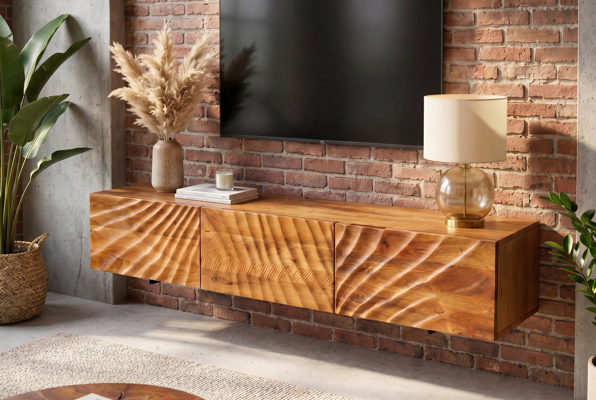 Banc TV en bois massif SCORPION 160cm meuble bas mural en manguier marron