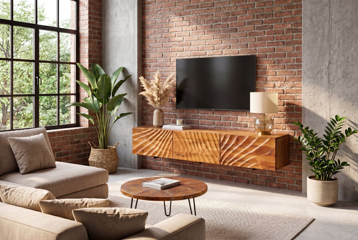 Banc TV en bois massif SCORPION 160cm meuble bas mural en manguier marron