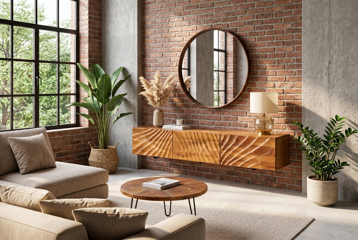 Banc TV en bois massif SCORPION 160cm meuble bas mural en manguier marron