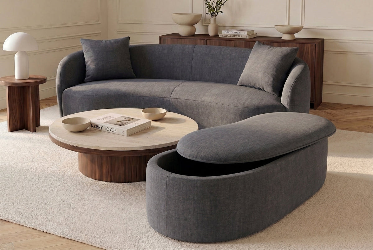 Banquette rembourrée extravagante ELEMENTAL 120cm gris graphite velours rangement forme organique