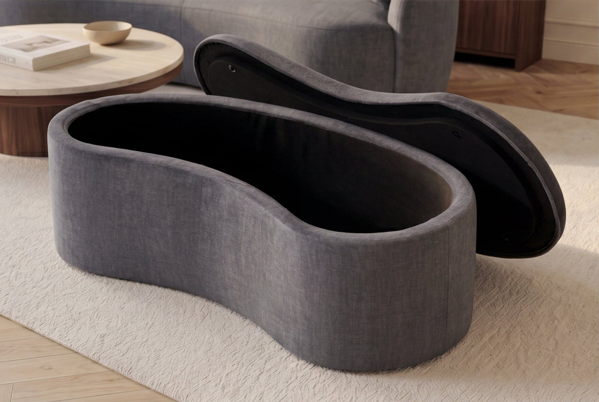 Banquette rembourrée extravagante ELEMENTAL 120cm gris graphite velours rangement forme organique