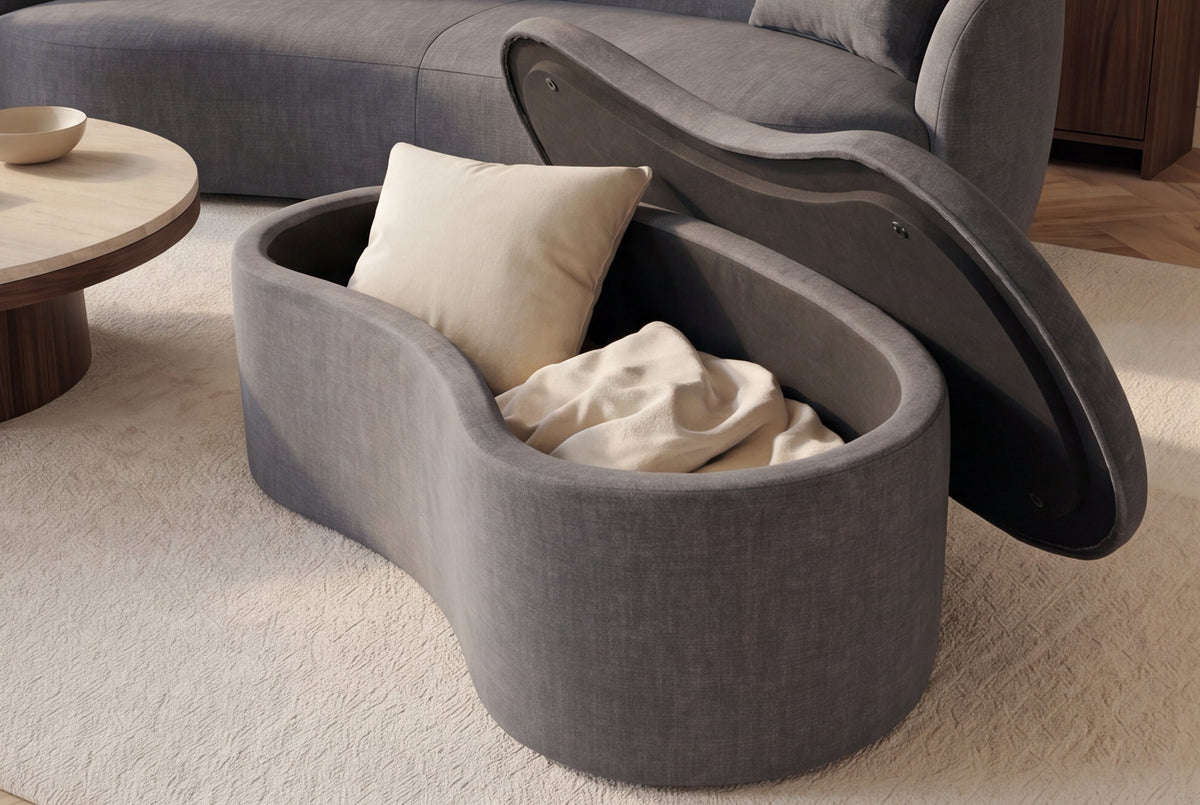 Banquette rembourrée extravagante ELEMENTAL 120cm gris graphite velours rangement forme organique