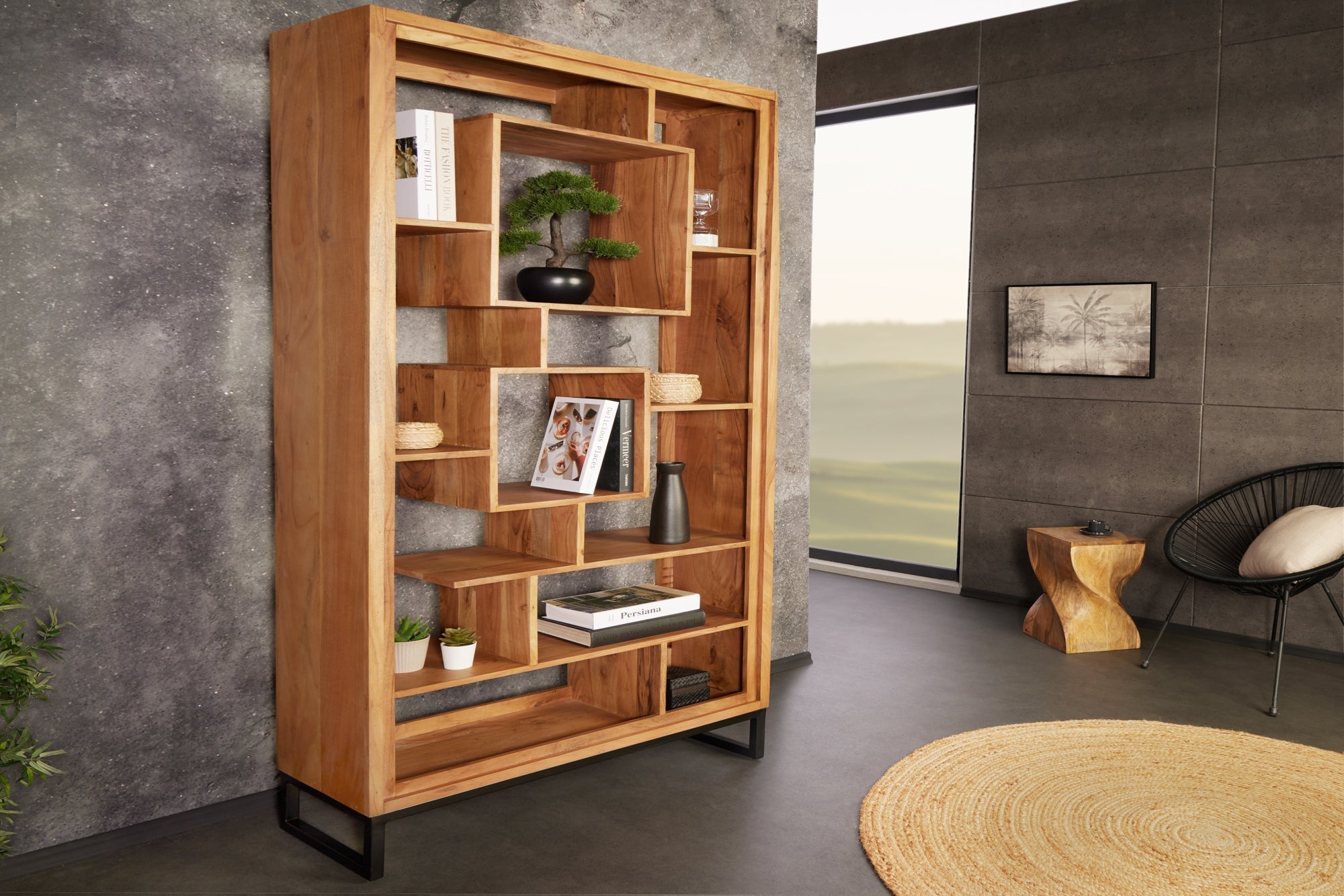 Bibliothèque en bois massif CUBUS 190cm acacia finition miel pieds métal étagère sur pied noire