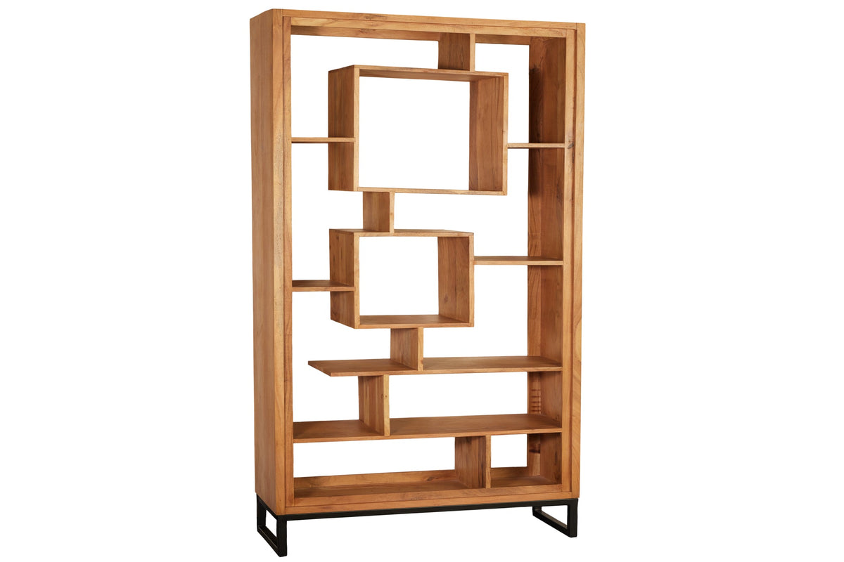 Bibliothèque en bois massif CUBUS 190cm acacia finition miel pieds métal étagère sur pied noire