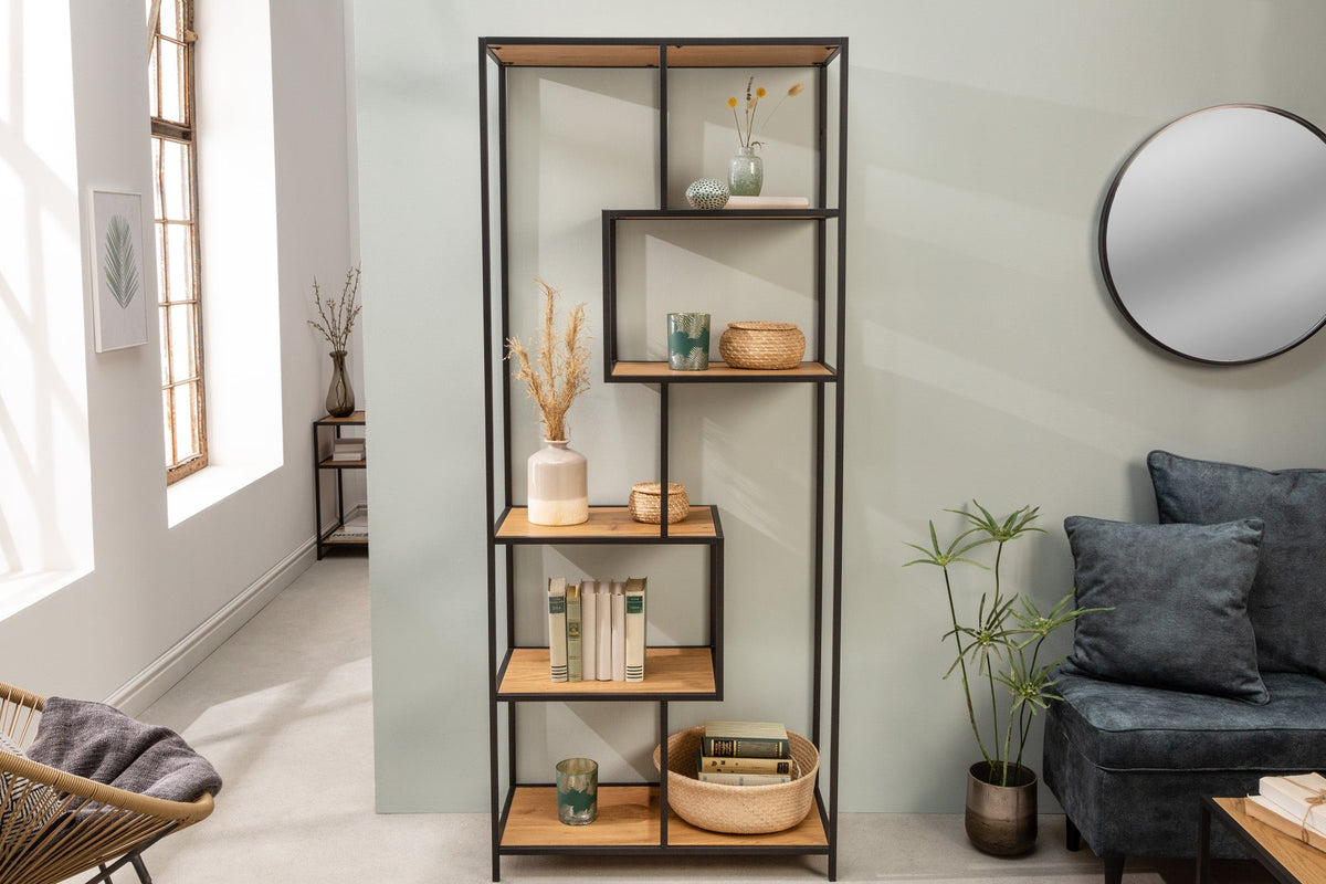 Bibliothèque industrielle SLIM LINE 185cm chêne sauvage noir six étagères