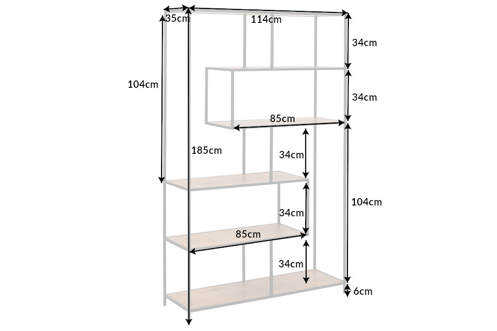 Bibliothèque industrielle SLIM LINE 185x114cm chêne sauvage noir six étagères