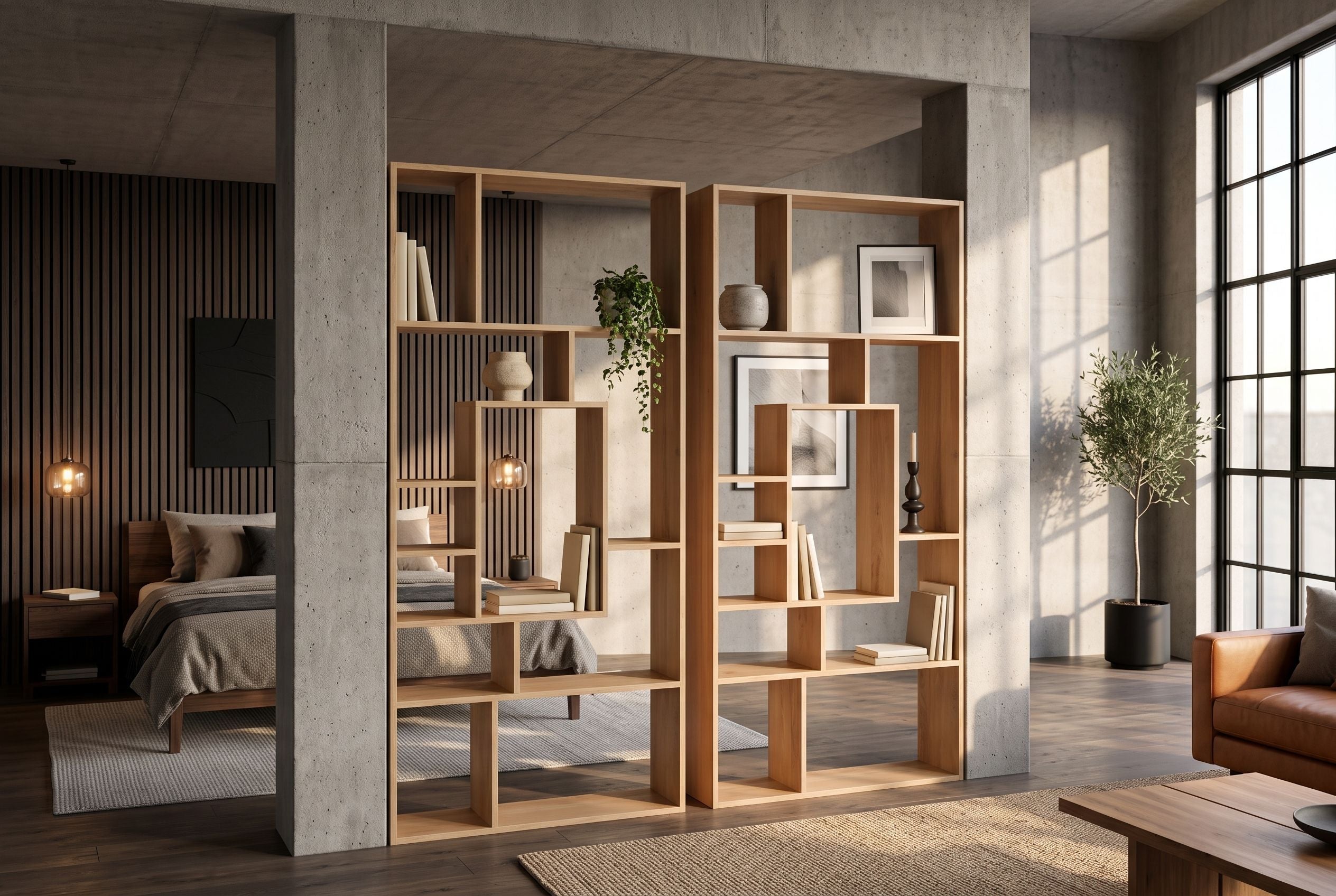 Bibliothèque massive CUBUS 180cm en manguier naturel finition crème onze compartiments