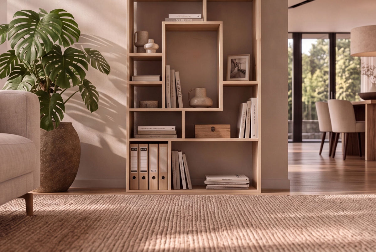 Bibliothèque massive CUBUS 180cm en manguier naturel finition crème onze compartiments