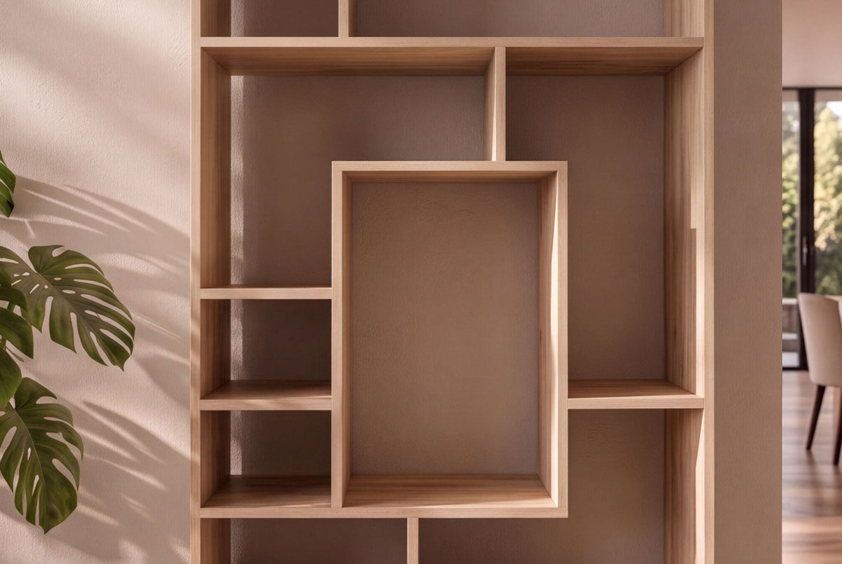Bibliothèque massive CUBUS 180cm en manguier naturel finition crème onze compartiments