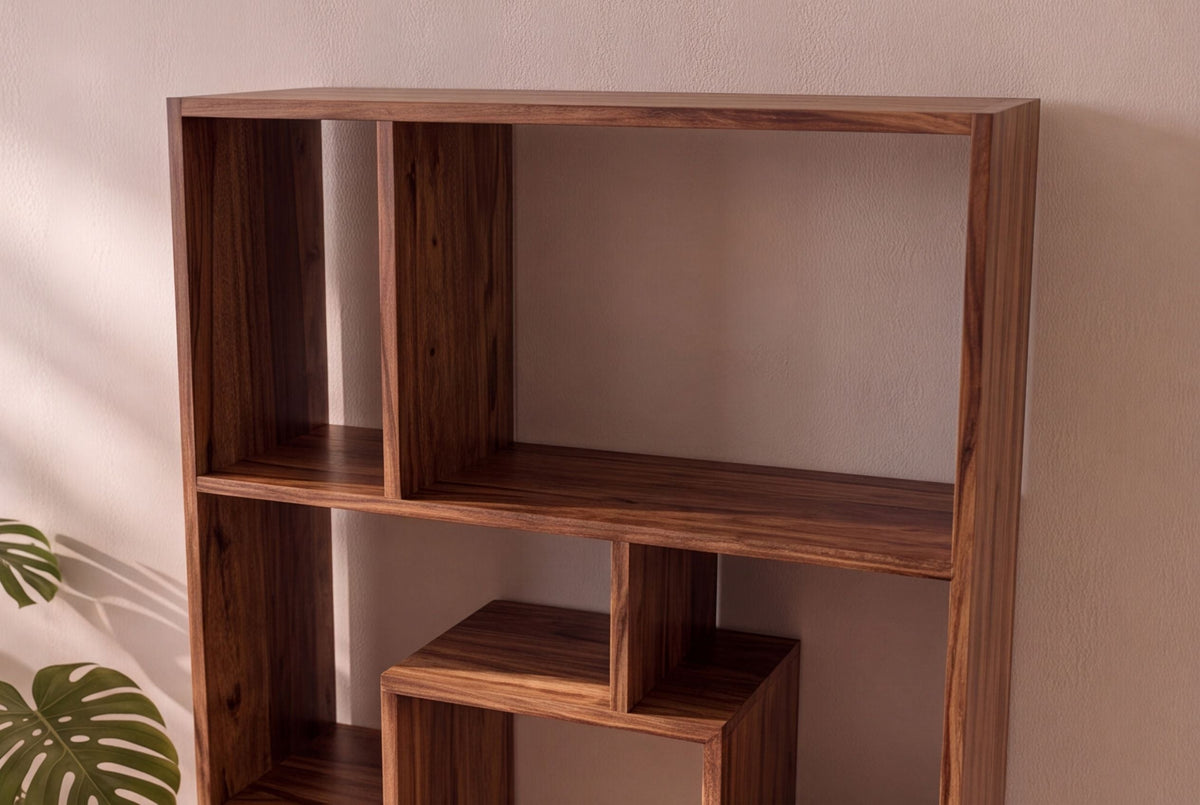 Bibliothèque massive CUBUS 180cm finition pierre Sheesham marron grain unique