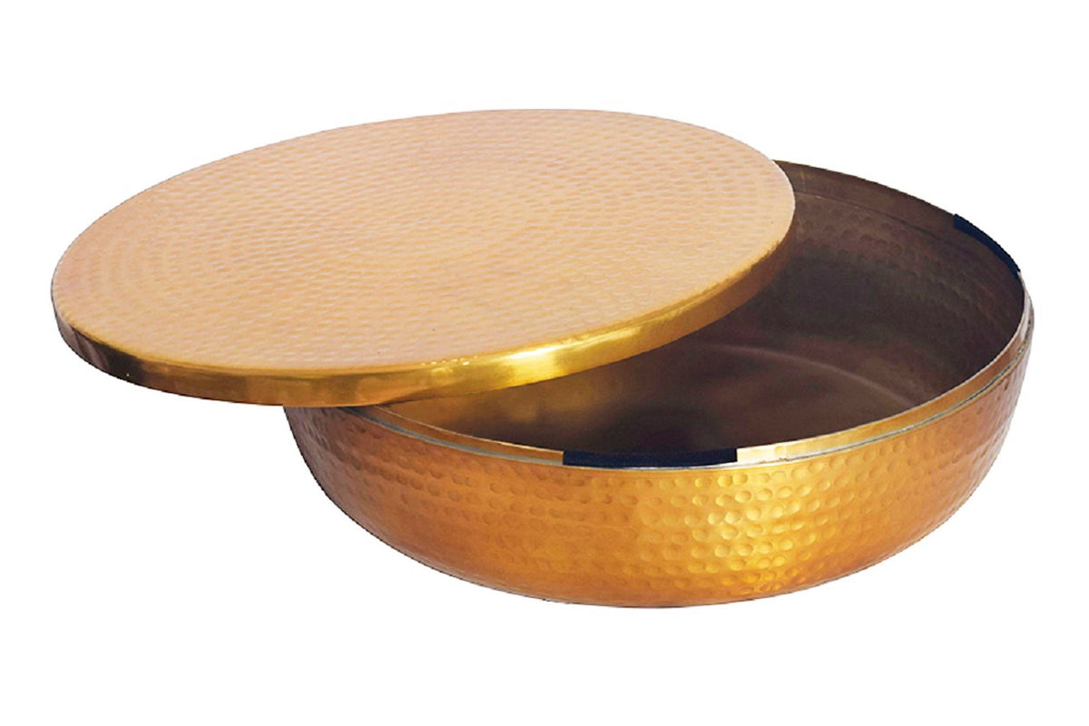 Bol fait main ORIENT 40cm métal doré rond avec couvercle boite à bijoux