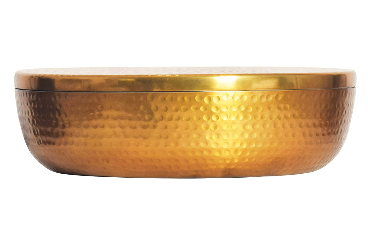 Bol fait main ORIENT 40cm métal doré rond avec couvercle boite à bijoux