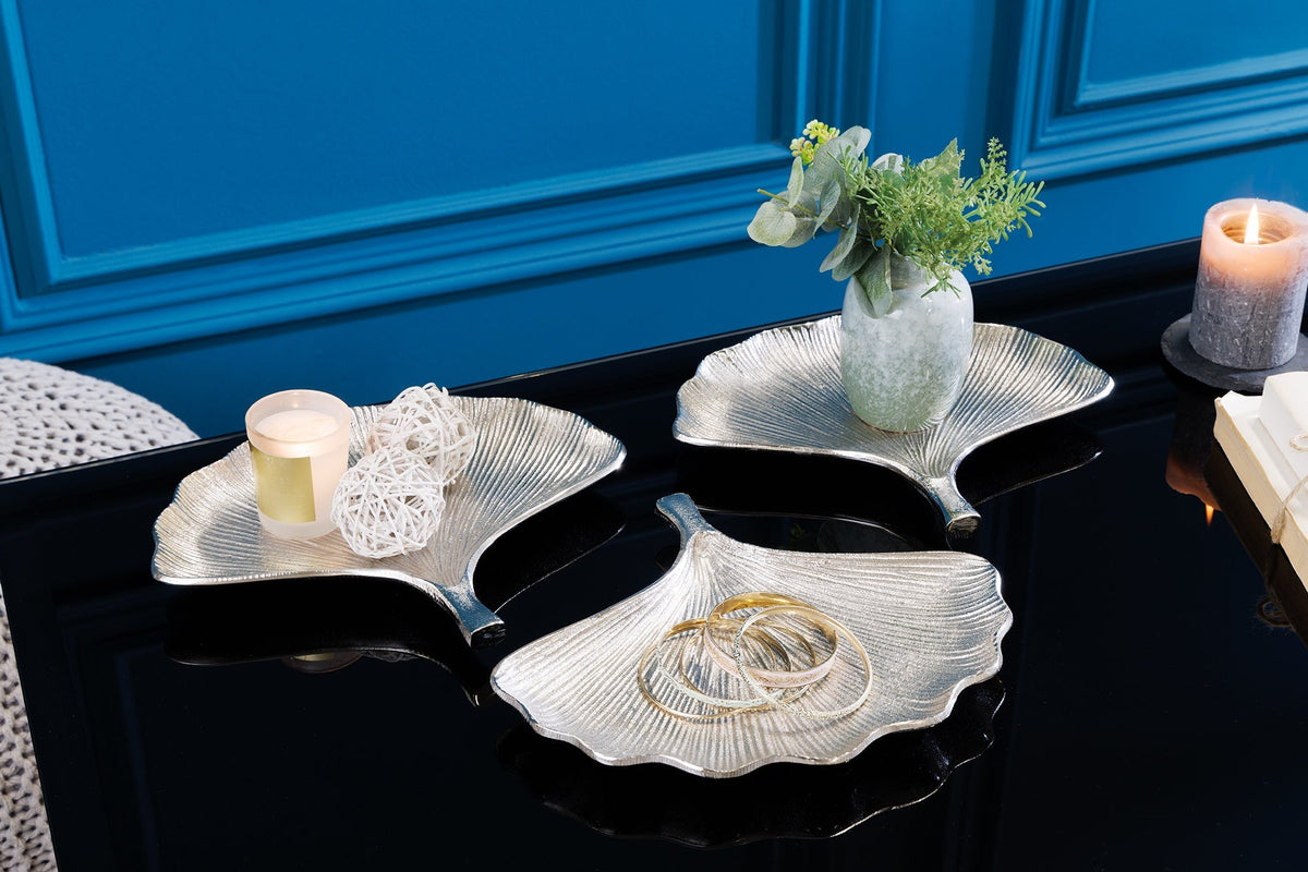 Bols décoratifs set de 3 GINKGO 30cm métal argenté fait main