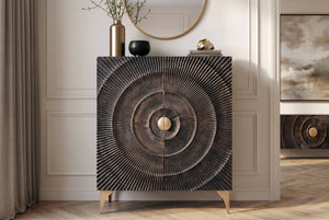 Buffet artisanal GOLDEN SUNSET 120cm avec sculptures 3D en bois de manguier or noir