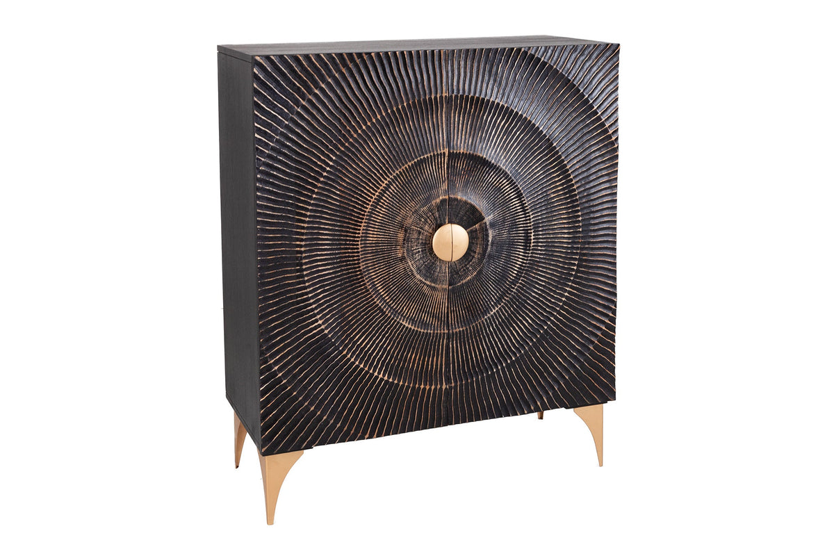 Buffet artisanal GOLDEN SUNSET 120cm avec sculptures 3D en bois de manguier or noir