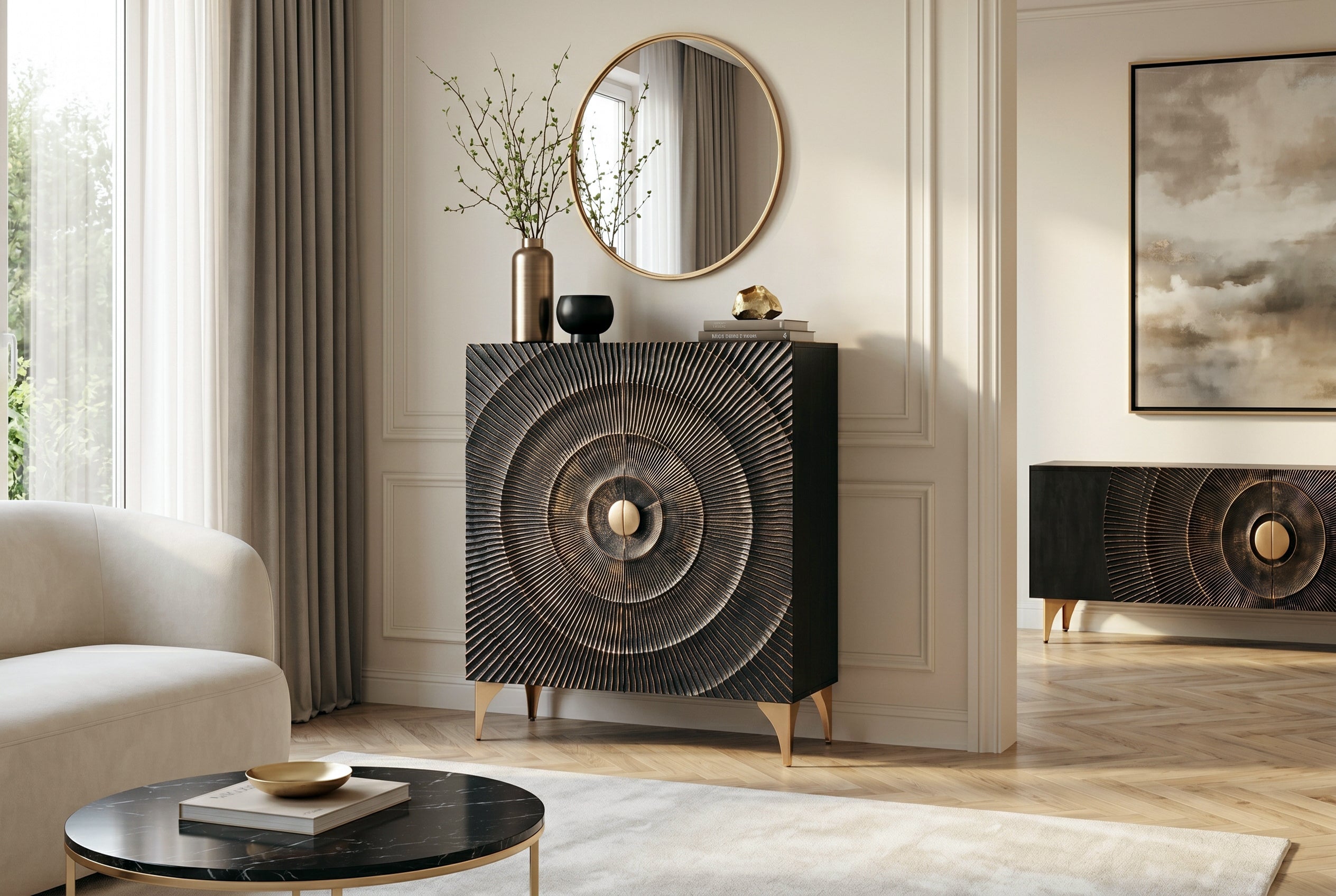 Buffet artisanal GOLDEN SUNSET 120cm avec sculptures 3D en bois de manguier or noir