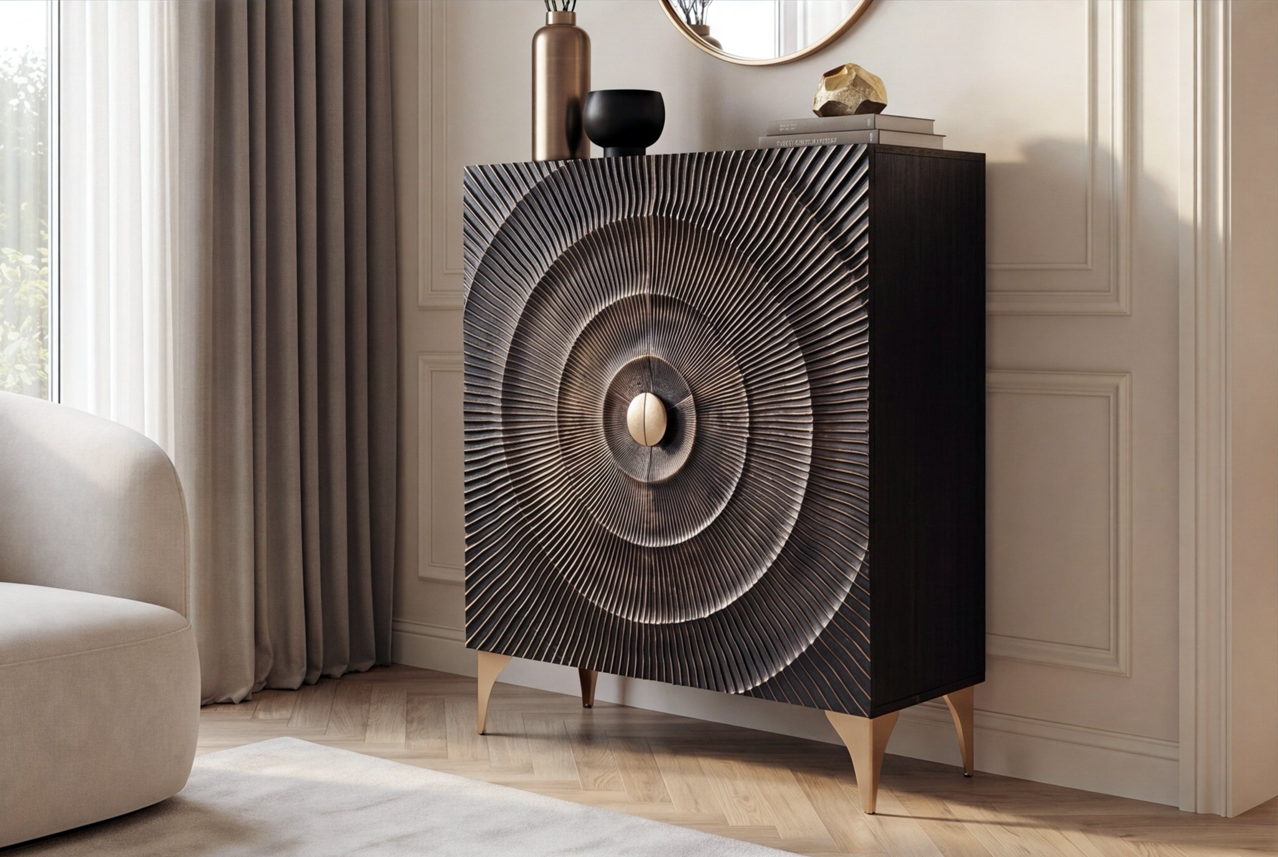 Buffet artisanal GOLDEN SUNSET 120cm avec sculptures 3D en bois de manguier or noir