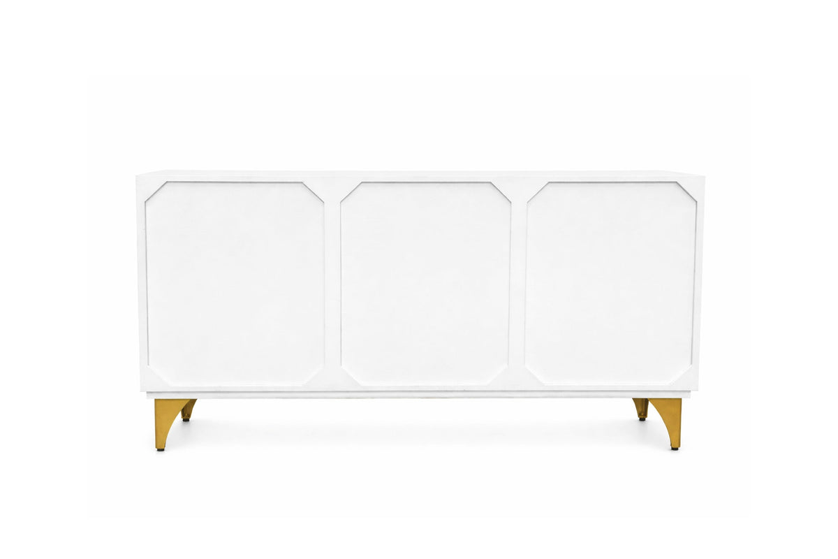 Buffet artisanal GOLDEN SUNSET 140cm blanc avec sculptures 3D pieds en métal bois de manguier doré