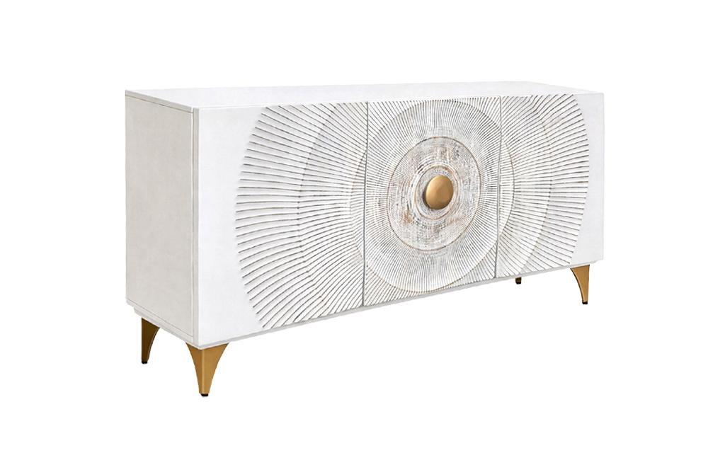 Buffet artisanal GOLDEN SUNSET 140cm blanc avec sculptures 3D pieds en métal bois de manguier doré