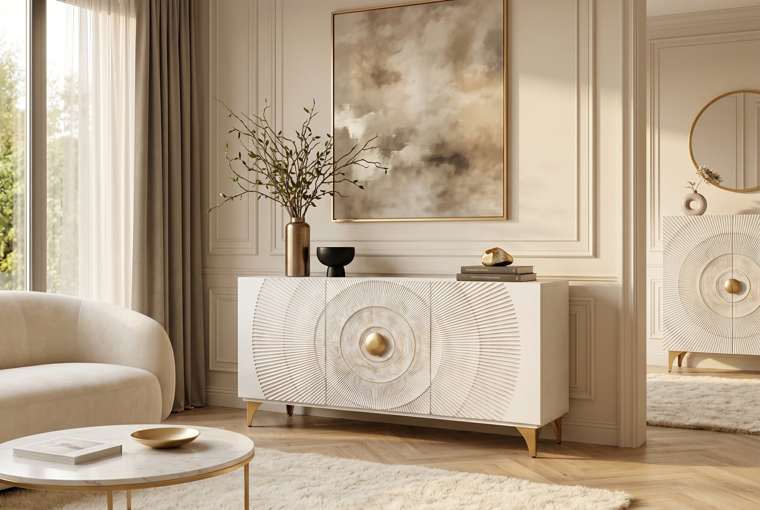 Buffet artisanal GOLDEN SUNSET 140cm blanc avec sculptures 3D pieds en métal bois de manguier doré