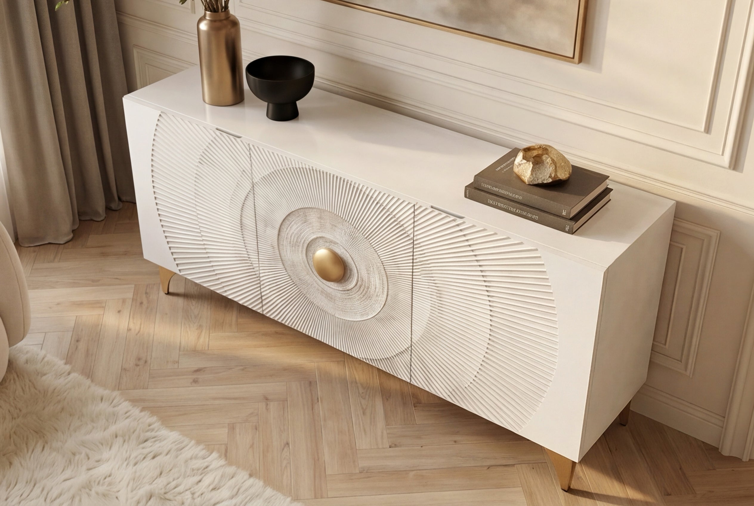 Buffet artisanal GOLDEN SUNSET 140cm blanc avec sculptures 3D pieds en métal bois de manguier doré