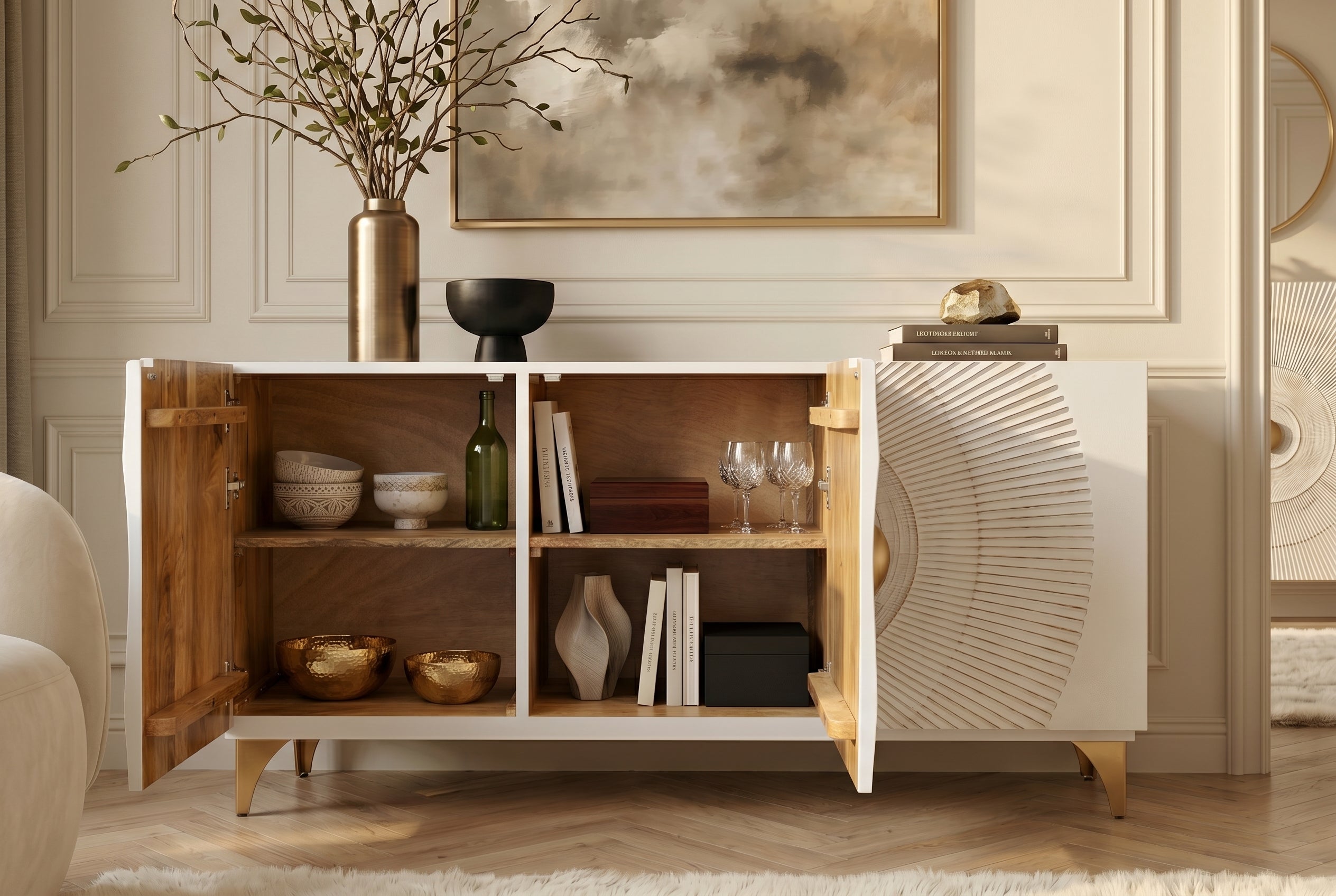 Buffet artisanal GOLDEN SUNSET 140cm blanc avec sculptures 3D pieds en métal bois de manguier doré