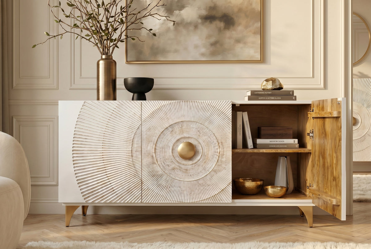Buffet artisanal GOLDEN SUNSET 140cm blanc avec sculptures 3D pieds en métal bois de manguier doré