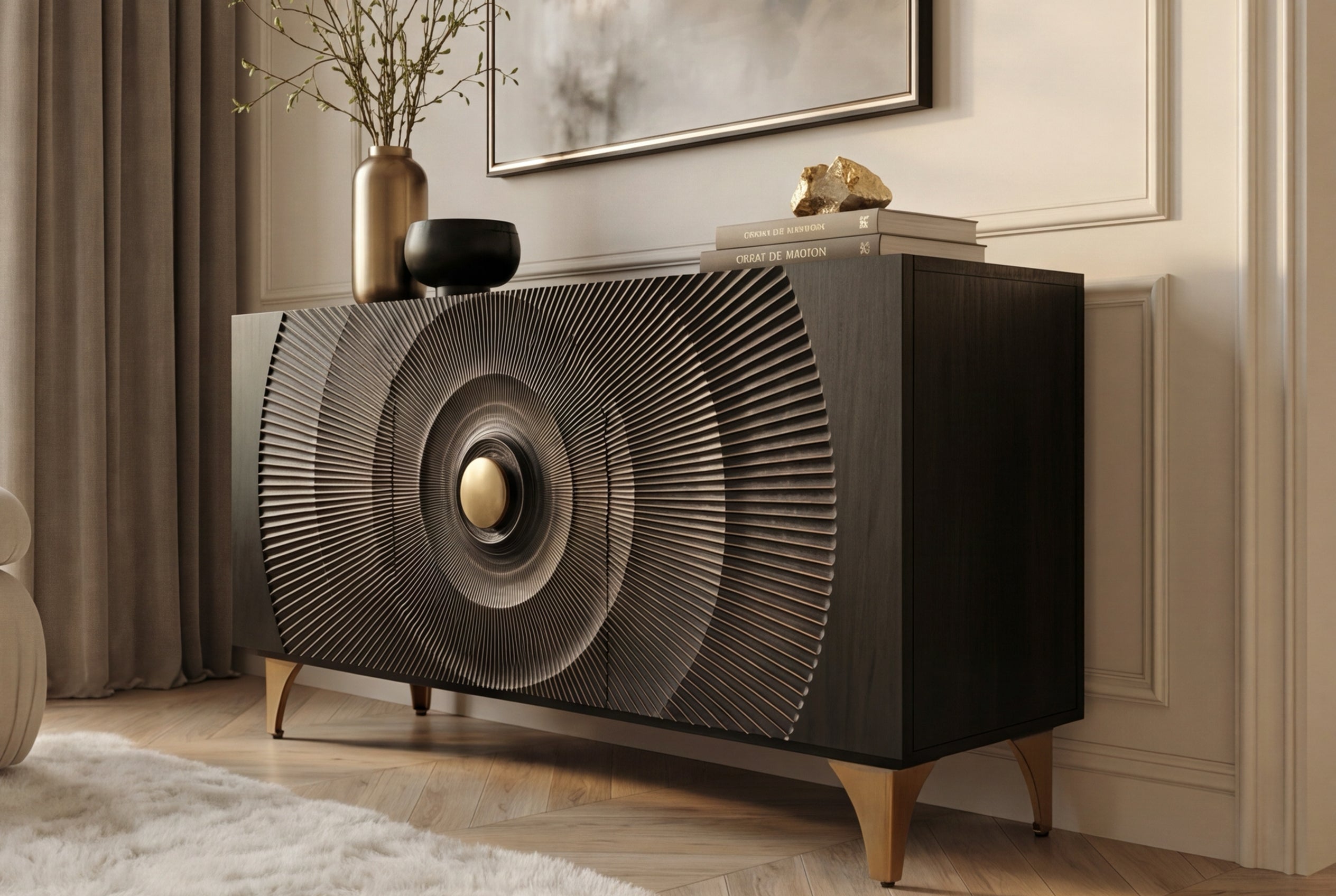 Buffet artisanal GOLDEN SUNSET 140cm noir avec sculptures 3D pieds en métal bois de manguier doré