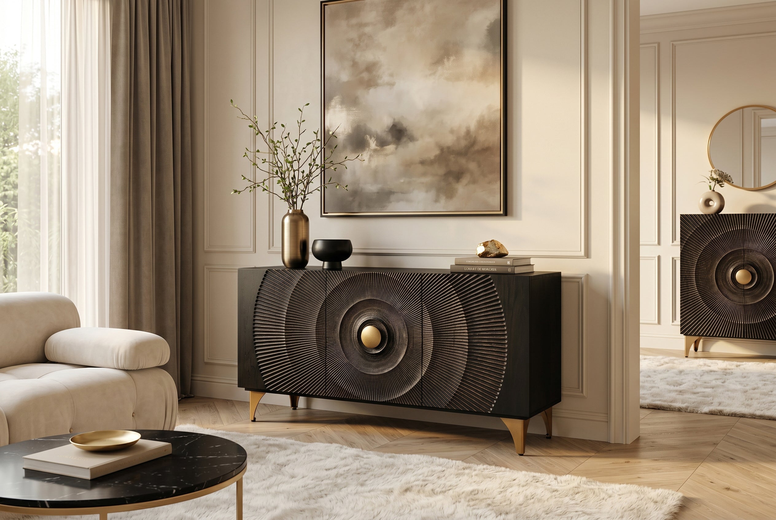 Buffet artisanal GOLDEN SUNSET 140cm noir avec sculptures 3D pieds en métal bois de manguier doré