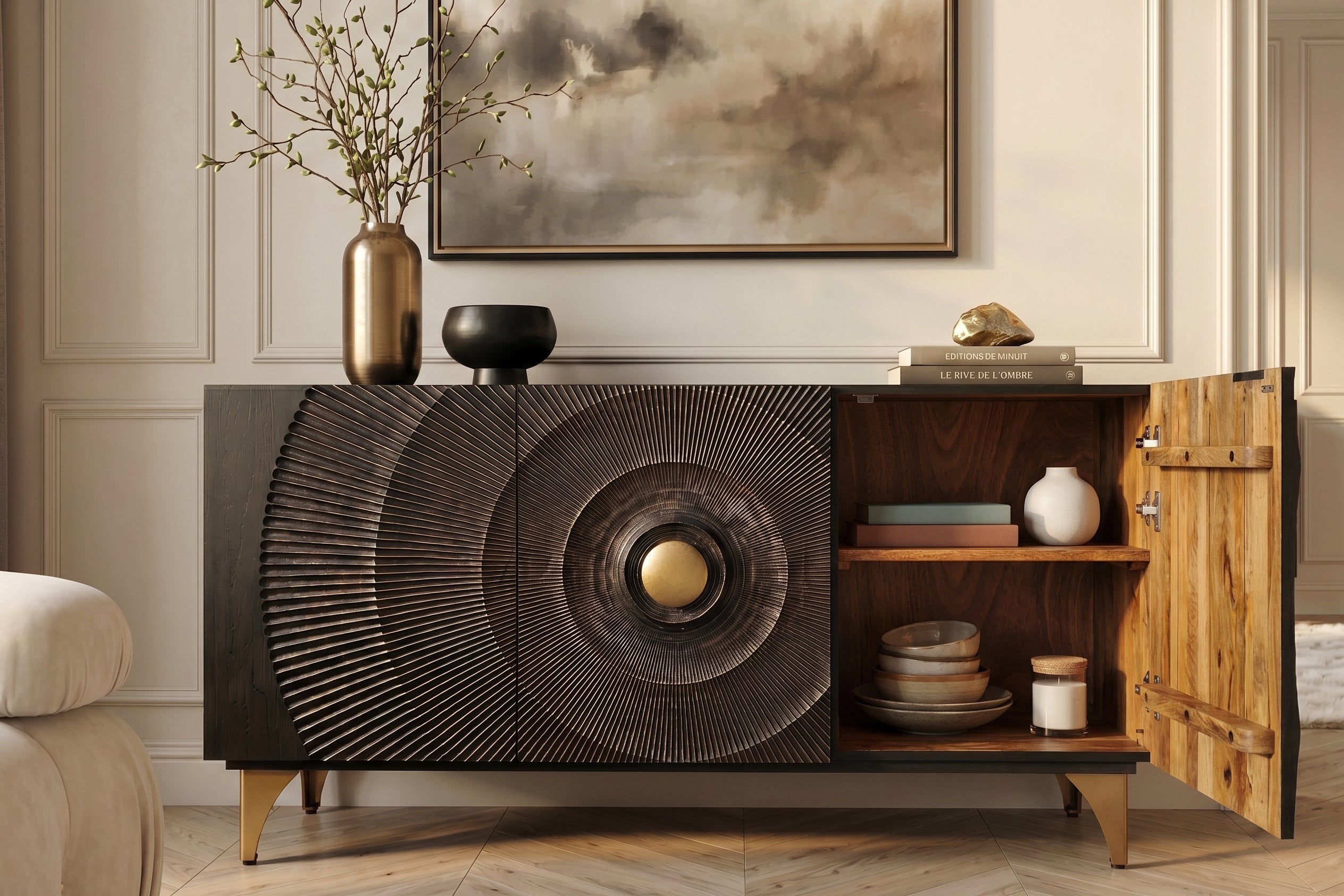 Buffet artisanal GOLDEN SUNSET 140cm noir avec sculptures 3D pieds en métal bois de manguier doré