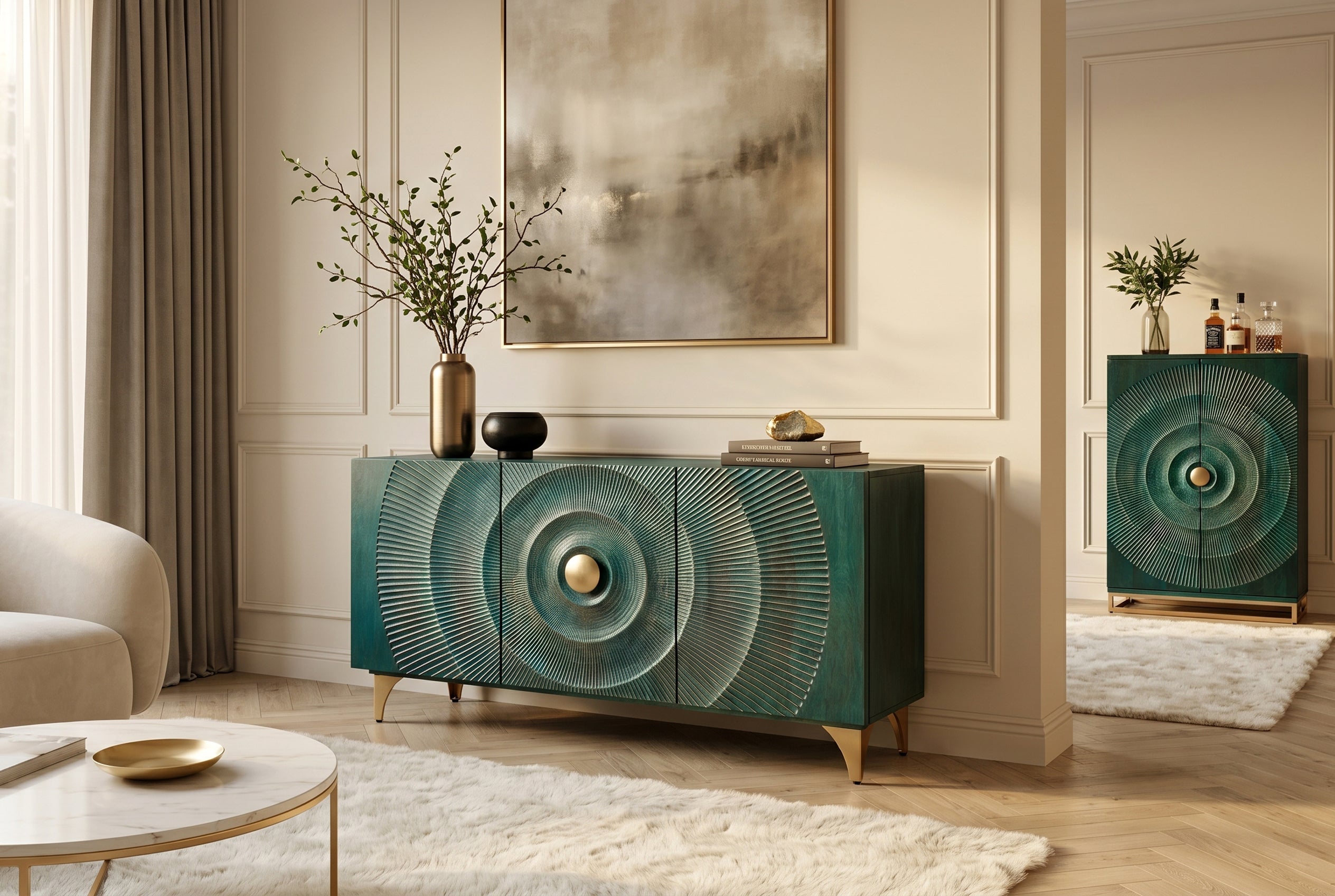 Buffet artisanal GOLDEN SUNSET 140cm turquoise avec sculptures 3D pieds métal bois de manguier doré