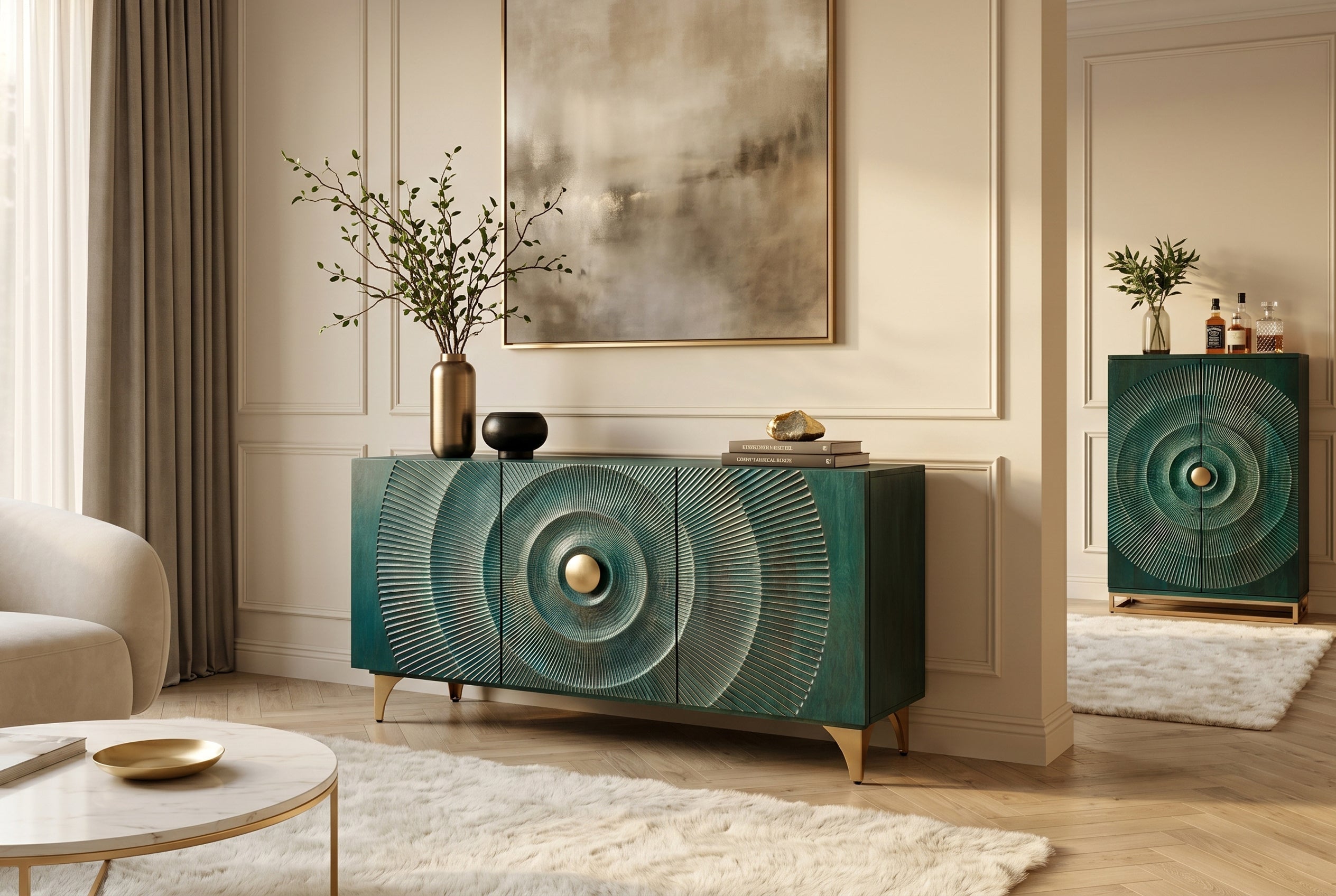 Buffet artisanal GOLDEN SUNSET 140cm turquoise avec sculptures 3D pieds métal bois de manguier doré