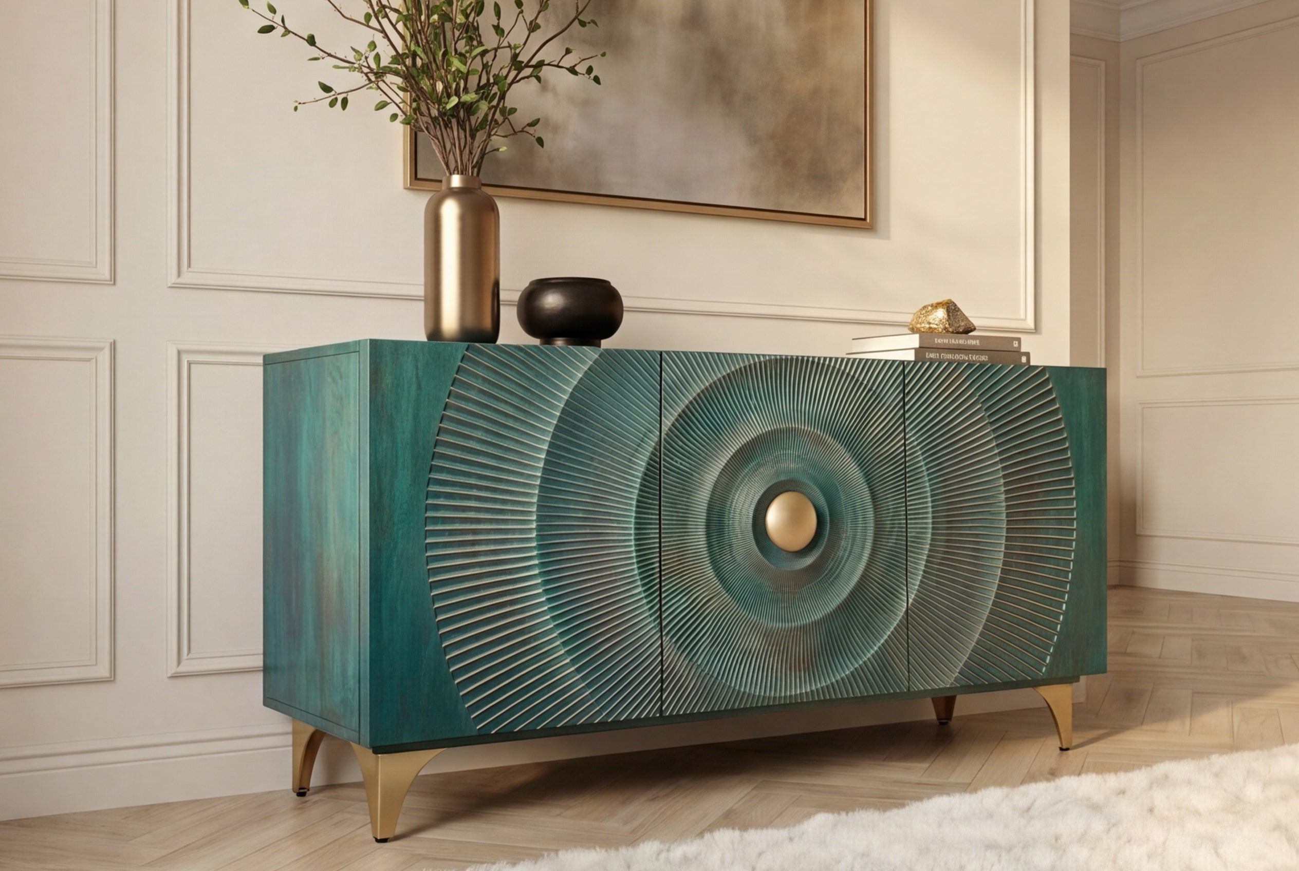 Buffet artisanal GOLDEN SUNSET 140cm turquoise avec sculptures 3D pieds métal bois de manguier doré