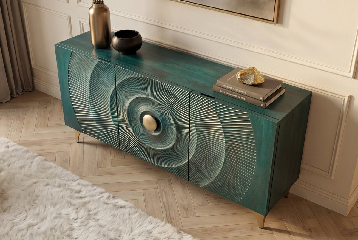 Buffet artisanal GOLDEN SUNSET 140cm turquoise avec sculptures 3D pieds métal bois de manguier doré