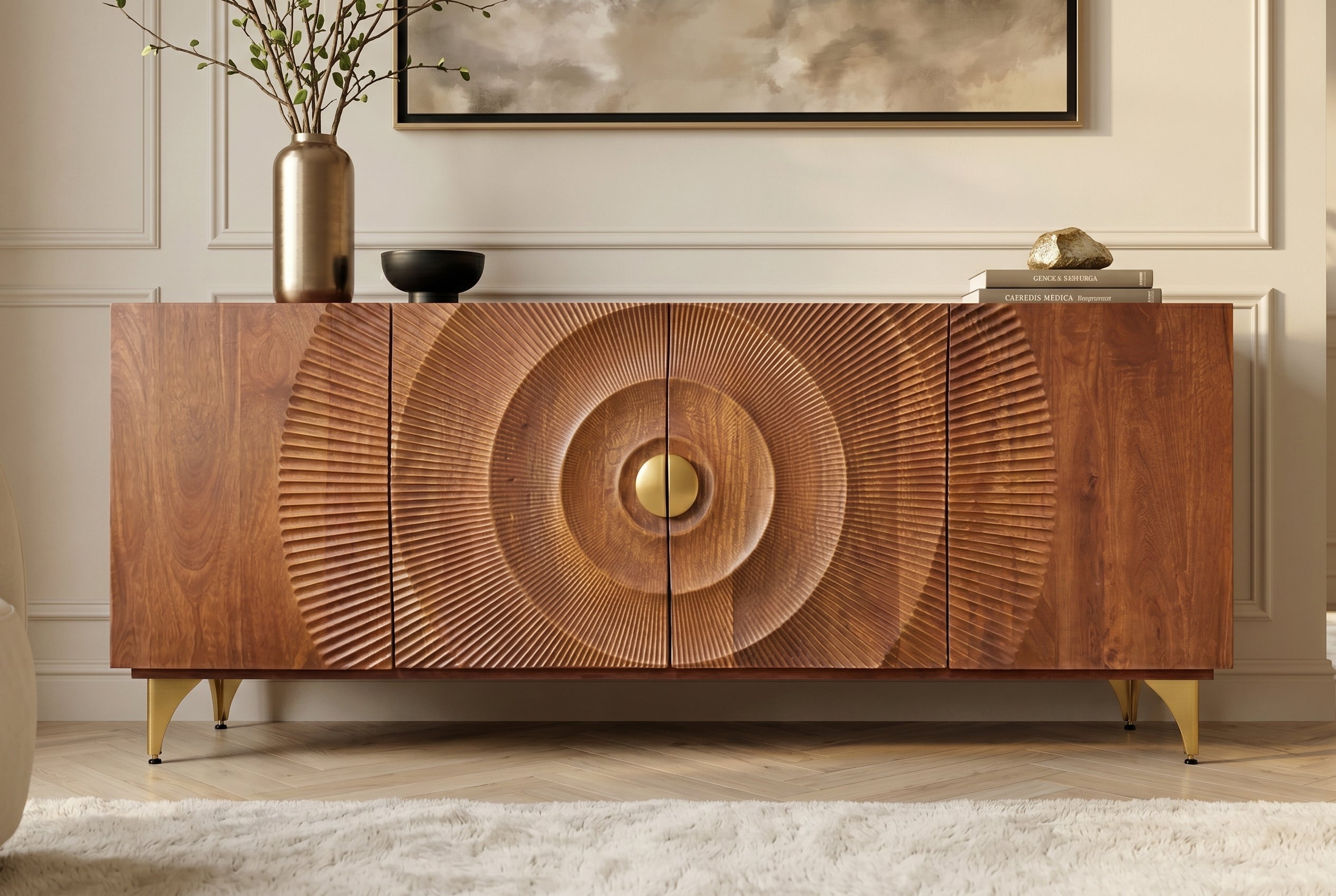 Buffet artisanal GOLDEN SUNSET 180cm marron avec sculptures 3D pieds en métal bois de manguier doré