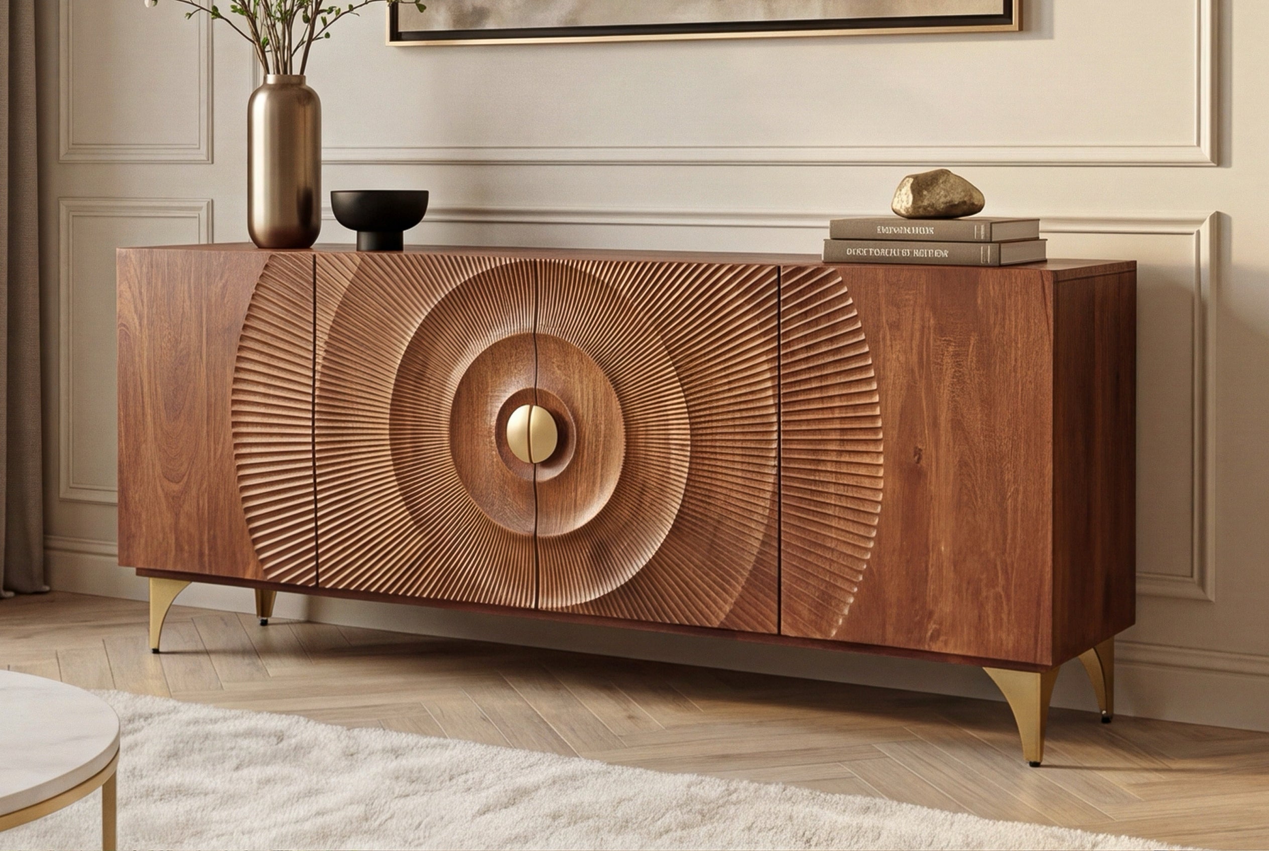 Buffet artisanal GOLDEN SUNSET 180cm marron avec sculptures 3D pieds en métal bois de manguier doré